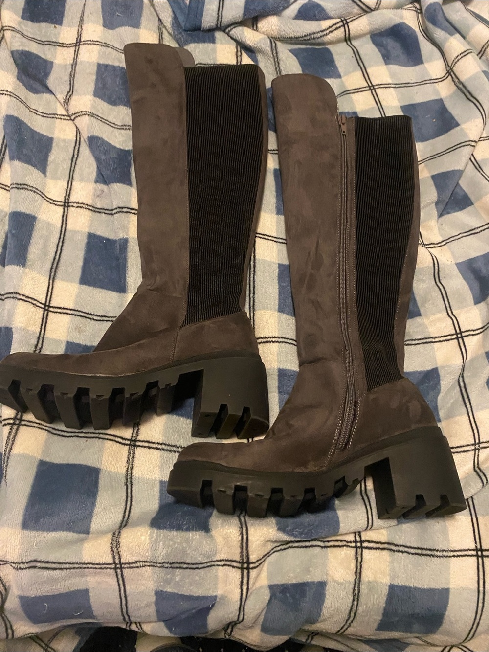Shoe Dazzle Tall Chunky Lug Over-the-Knee Boots in Dark Brown and Black